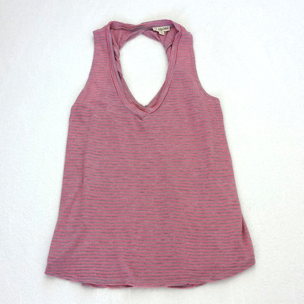 Lily White Red & Grey Stripe Rayon Summer Tank Top Rolled Twist Back Straps M